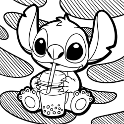 Stitch bebendo uma bebida com canudo.