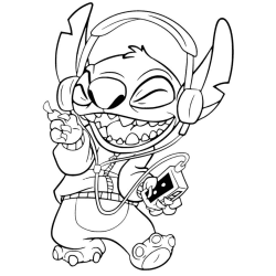 Stitch ouvindo música e dançando.