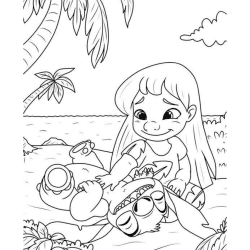 Lilo e Stitch brincando na praia.